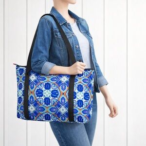 Medium Blue Geometric Print Tote Bag | Lightweight Everyday Shoulder Bag